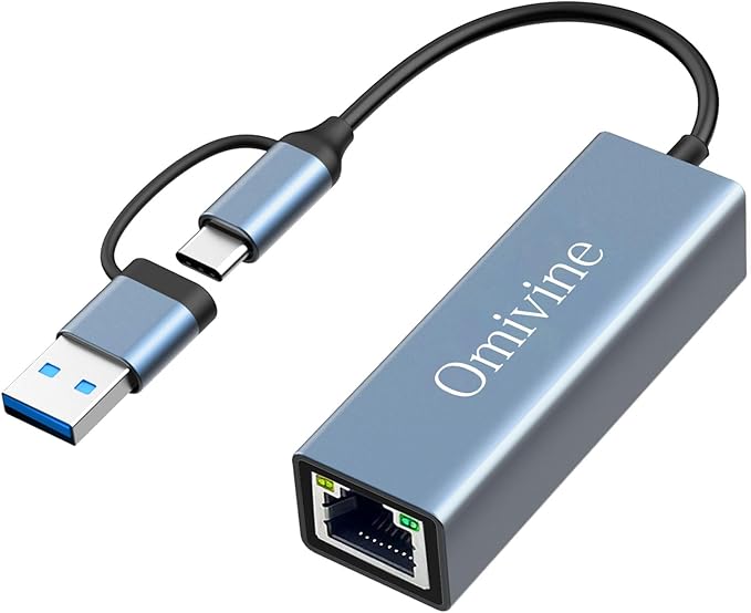 Omnivine USB to Ethernet Adapter with USB-A and USB-C connectors